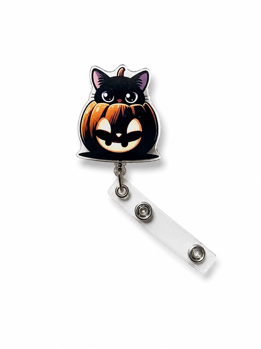 Black Cat in Pumpkin Badge Reel - Cute Halloween Cat ID Holder